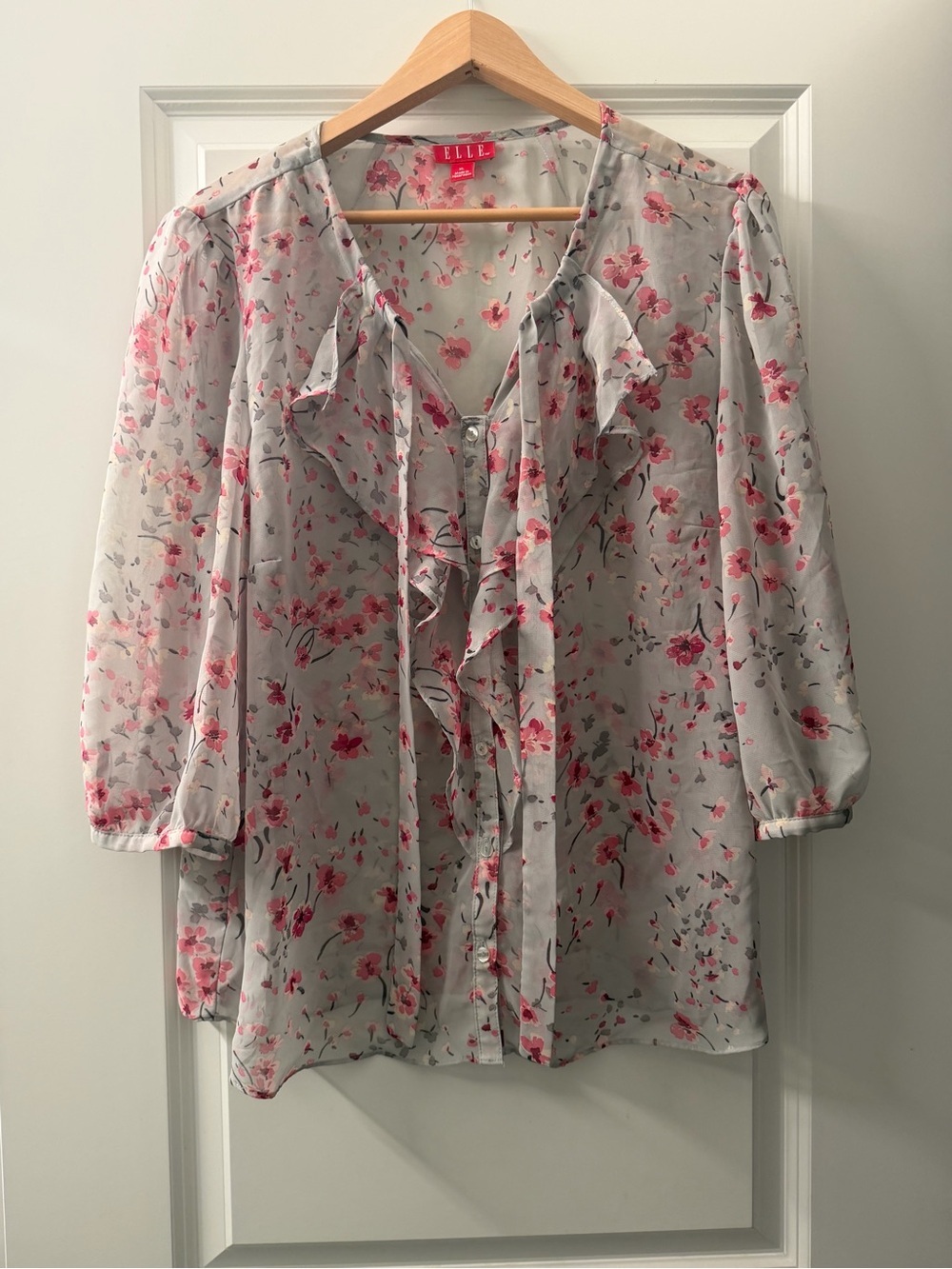 ELLE Light Gray Sheer Pink Floral Ruffle Blouse